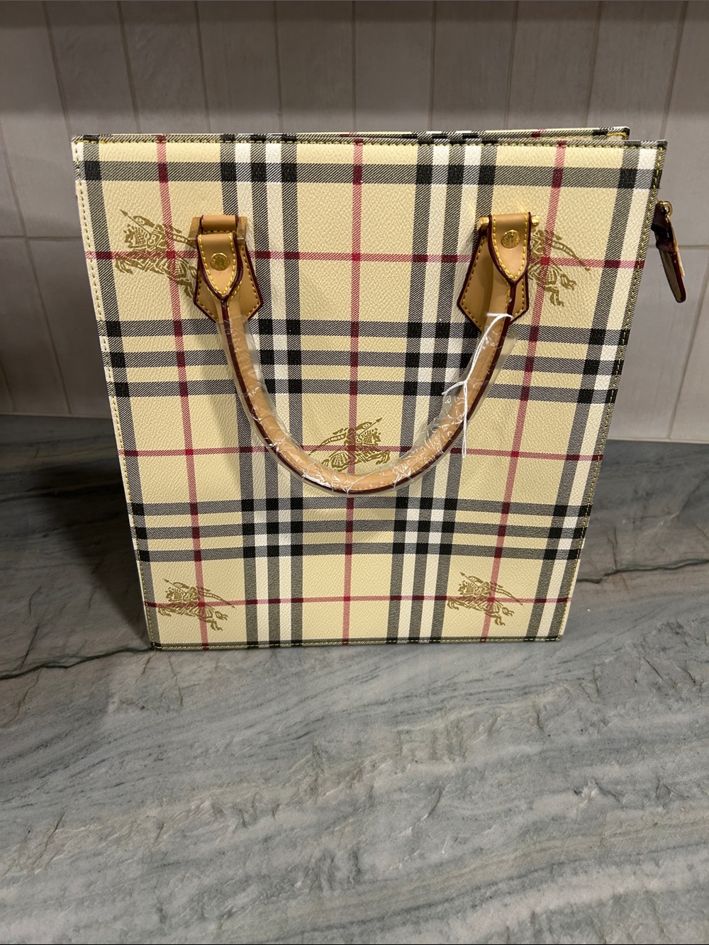 Burberry Ivory Plaid Tote with Tan Handles